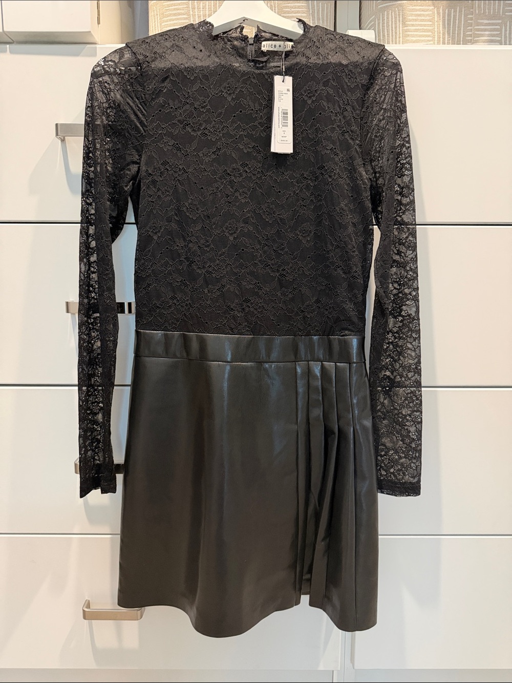 Alice+Olivia Black Lace Top with Faux Leather Pleated Skirt Dress